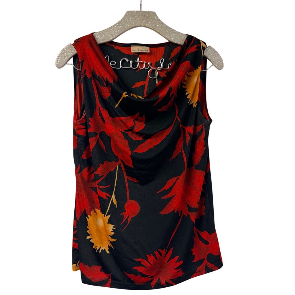 Susan Lawrence Floral Tank Black Red Vintage Draped Collar Large
